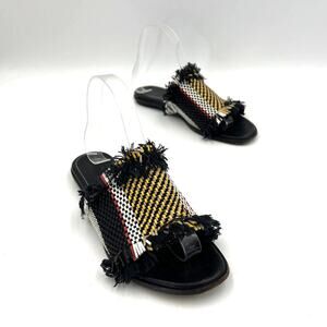 Proenza Schouler Woven Leather Slide Sandals Black Yellow Stripe